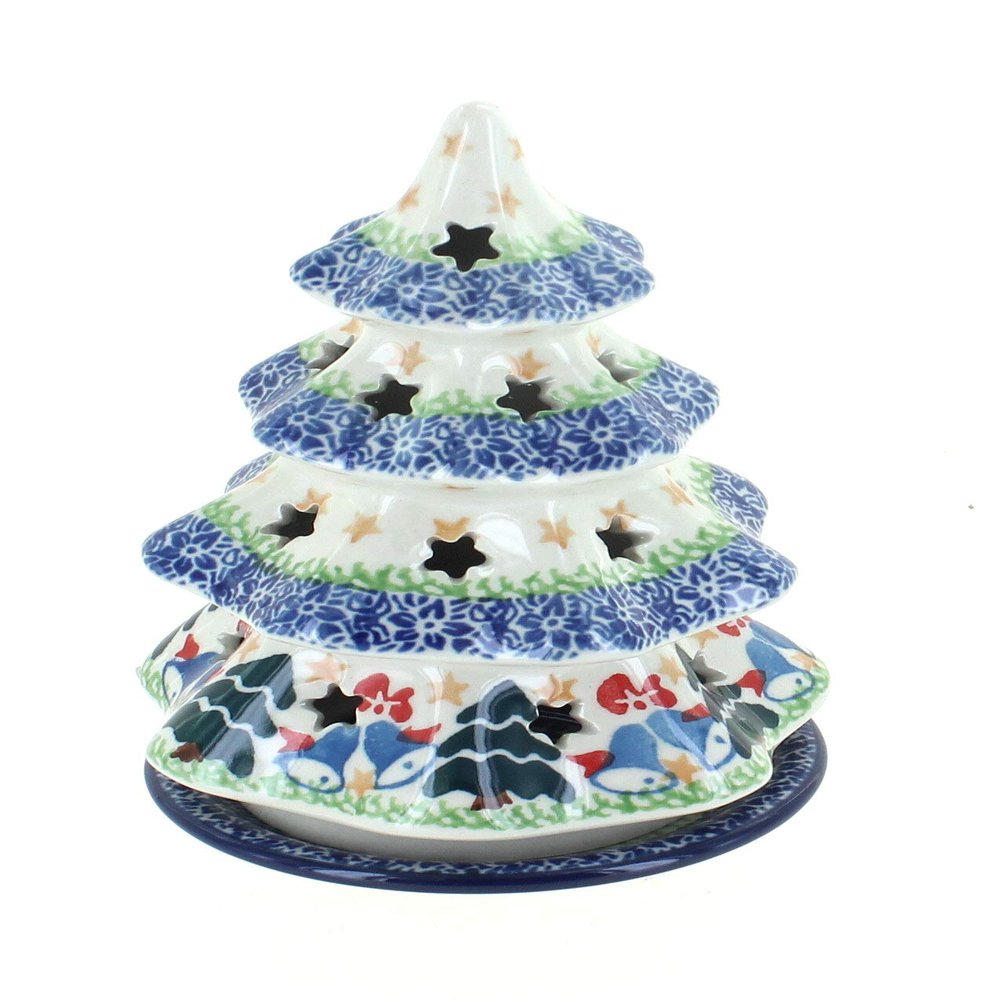 Blue Rose Polish Pottery - Blue Winter Bells Small Christmas Tree Luminary - 6" Tall - Hand-Painted Polish Pottery Holiday Candle Holder, Unique Christmas Gift & Festive Dcor