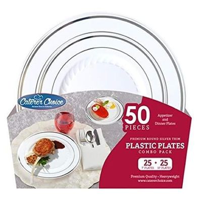 Round White Plastic Plates with Silver Trim Combo - 7" and 10" | Caterer Collection | Pack of 50