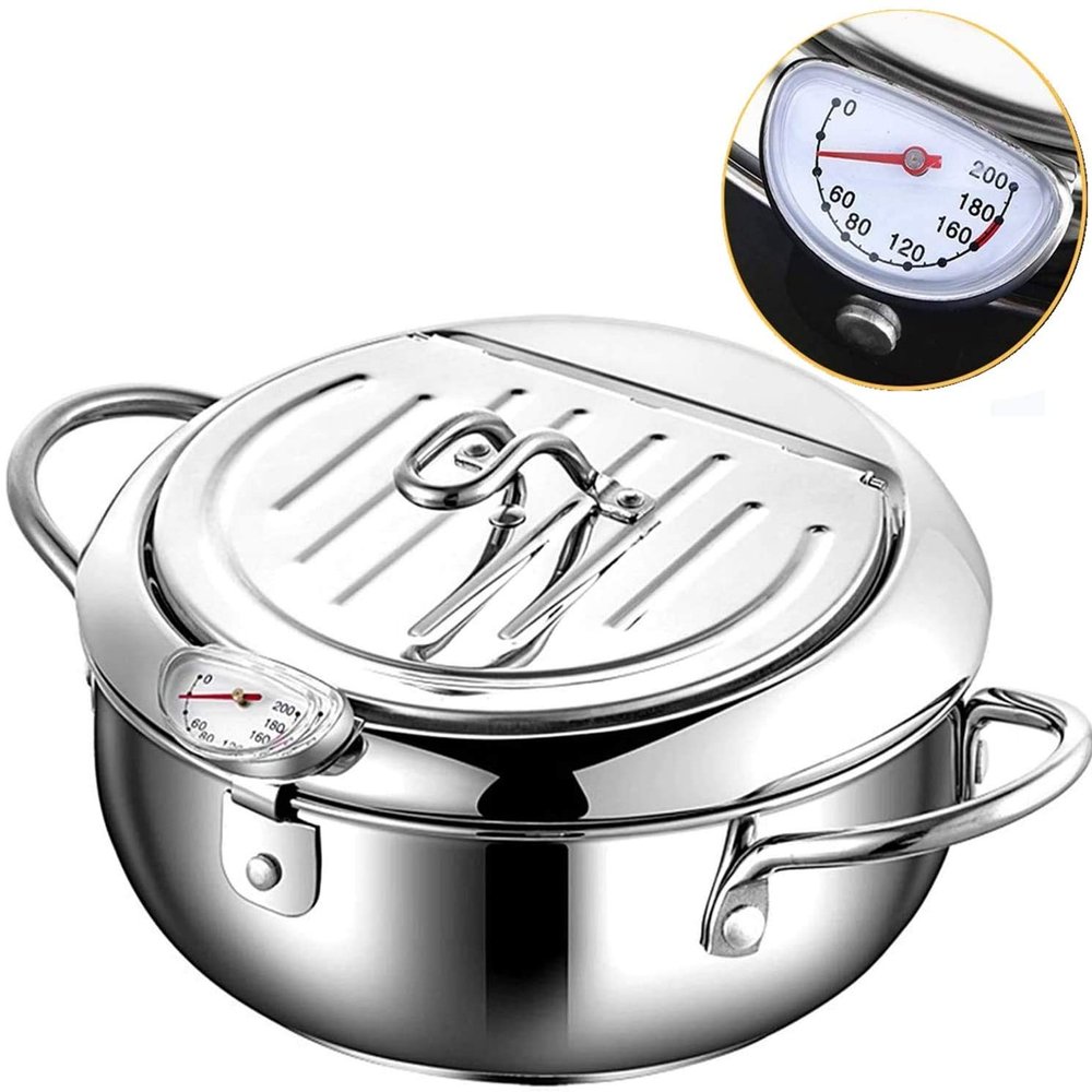 Japanese-Style Tempura Deep Fryer Pot with Thermometer, Lid and Oil Drip Drainer Rack. Non-Stick Stainless Steel for Home Cooking. 18/8 Stainless Steel 24CM (9.5), 3.4L capacity.