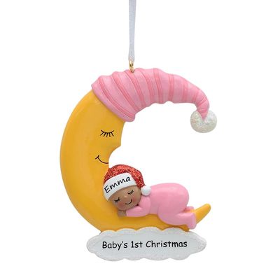 Baby's 1st Christmas Personalized Ornament - African American Baby Girl Sleeping on Moon - Young Child Christmas Ornament - Keepsake Gifts for Newborn Infant Toddler First Xmas - Free Customization