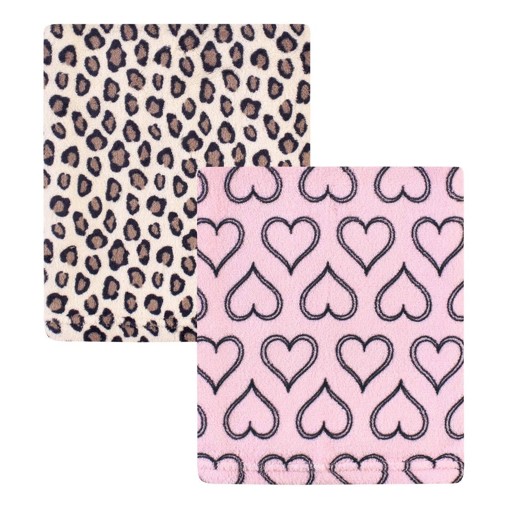 Hudson Baby Unisex Baby Silky Plush and Coral Fleece Blanket, Leopard Heart, 30x36 inches