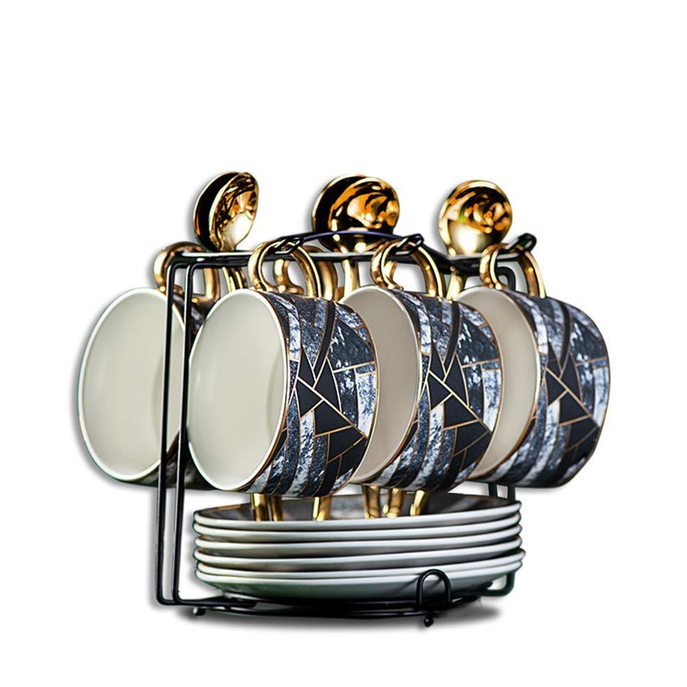 FSFF Set of 19 Piece Creative Porcelain Marble Coffee Tea Set,with 6 Cup 6 Saucer 6 Spoon and 1 Metal Shelf,for Wedding Decoration Household Gift