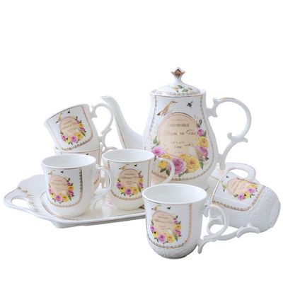 8-Piece Creative European Porcelain Tea Set,1Tea-Pot 6Tea-Cup 1Tea-Tray,Hand-Painted Flower and Bird Designs for Wedding Decoration Household(White)