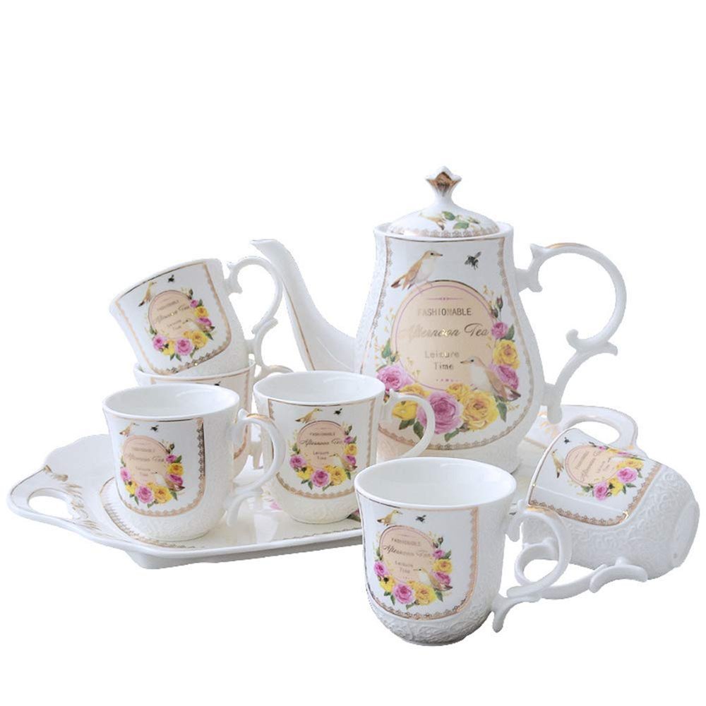 8-Piece Creative European Porcelain Tea Set,1Tea-Pot 6Tea-Cup 1Tea-Tray,Hand-Painted Flower and Bird Designs for Wedding Decoration Household(White)