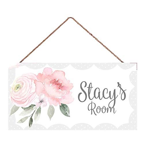 AJHERO Personalized Kids Room Door Sign Pink Watercolour Flower Polkadot Rustic Plastic Sign