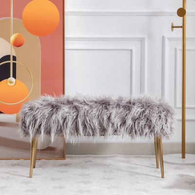 Wahson Faux Fur Ottoman Bench with Gold Legs Bed End Stool Window Seat,Footstool for Bedroom/Living Room/Hallway (Grey, Length-90 CM)