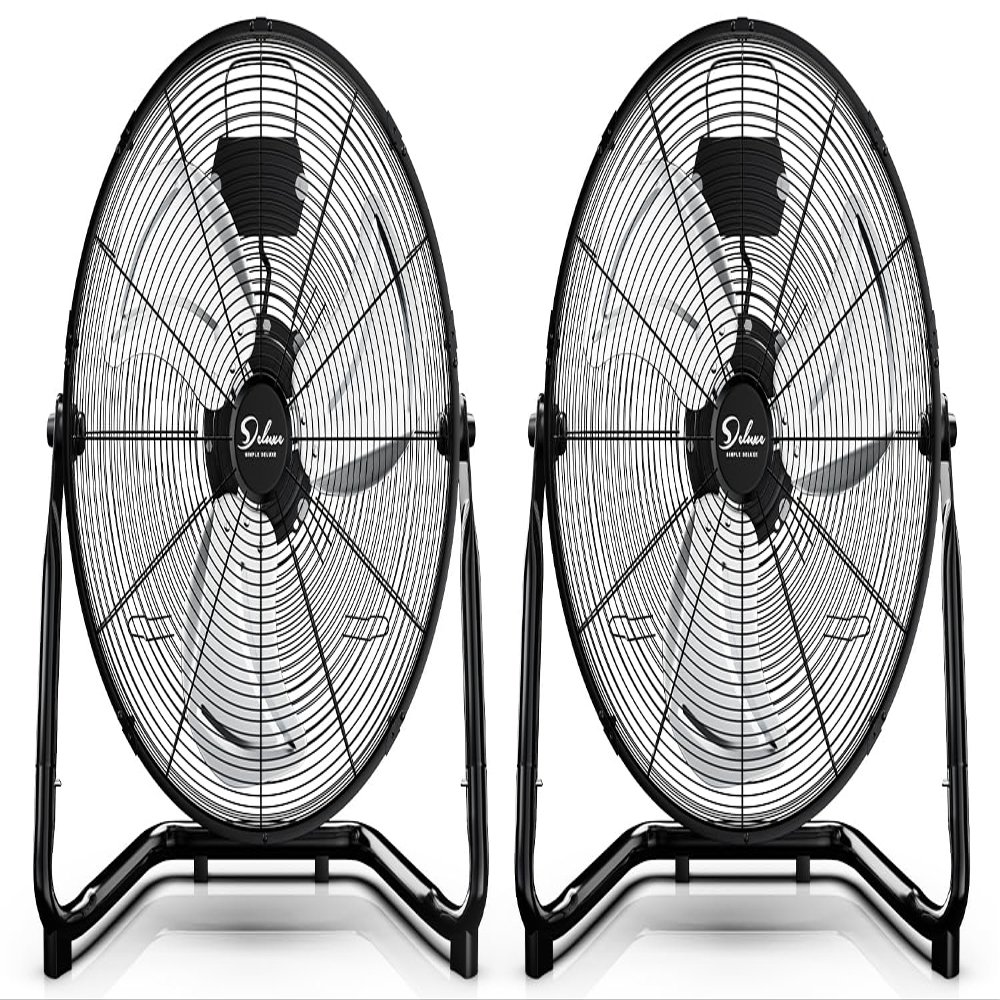 Simple Deluxe 20 Inch 3-Speed High Velocity Heavy Duty Metal Industrial Floor Fan for Warehouse, Workshop, Factory and Basement, Black, 2 Pack