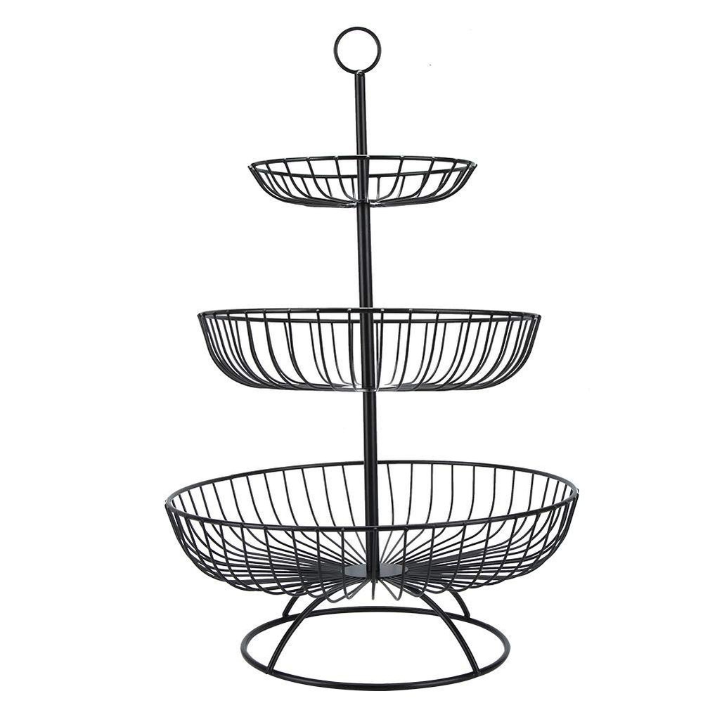 Haofy 3-Tier Metal Fruit Dish Plate Modern Style Vegetable Stand Server Storage Basket Tray Tableware for Household Living Room Decoration (Black)