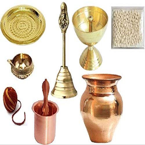 finaldeals Combo Pack Pooja Item Brass Bell Different Type Two Pooja Diya Deepak Om Pooja Thali with Copper Panchpatra and Kalash Lota Pooja Mauli Dhaaga and Cotton Round Wicks