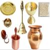 finaldeals Combo Pack Pooja Item Brass Bell Different Type Two Pooja Diya Deepak Om Pooja Thali with Copper Panchpatra and Kalash Lota Pooja Mauli Dhaaga and Cotton Round Wicks view 1
