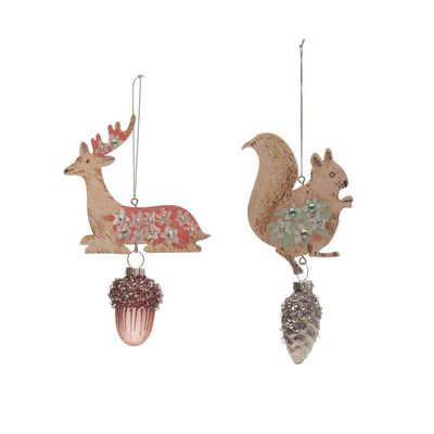 Creative Co-op Woodland Deer & Squirrel Wood & Glass Ornaments Set of 2 Country Christmas