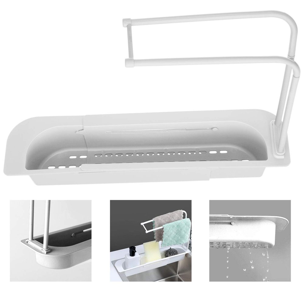 Telescopic Sink Rack Adjustable Sponge Soap Holder Dish Cloth Hanger Sink Tray, 2-in-1 Sink Caddy, Expandable Storage Drain Basket for Home Kitchen Kit