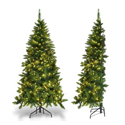 Goplus 6ft Prelit Half-Shape Christmas Tree, Premium 427 PVC Needles Artificial Tree, with 250 LED Lights, Metal Stand, for Xmas Indoor Decoration