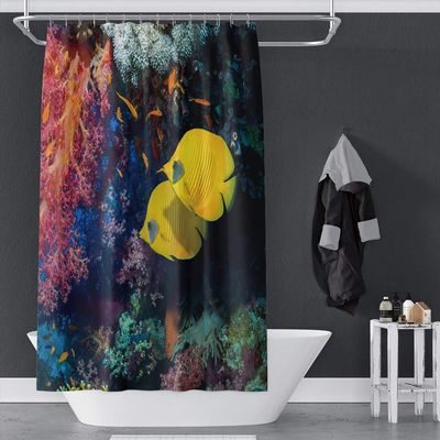 OERJU 72x78inch Beautiful Underwater World Shower Curtain Cute Cartoon Yellow Fish Swimming Colorful Aquatic Plant Waterproof Fabric Polyester Kids Bathroom Curtain Bath Accessories with Hooks