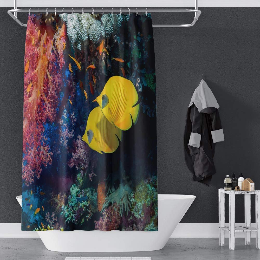 OERJU 72x78inch Beautiful Underwater World Shower Curtain Cute Cartoon Yellow Fish Swimming Colorful Aquatic Plant Waterproof Fabric Polyester Kids Bathroom Curtain Bath Accessories with Hooks