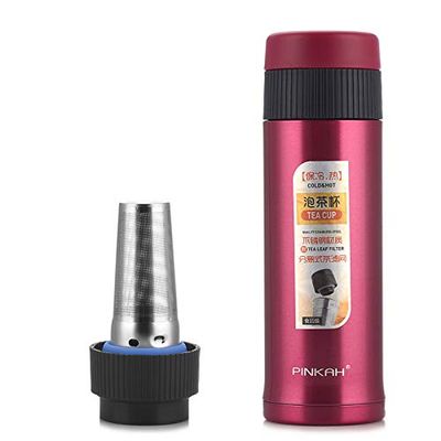 Pinkah Thermos 500ml With Tea Coffee Filter 2-layer 304 Stainless Steel Vacuum Thermal Water Bottle Leakproof Travel Coffee Mug (Red 450ml)