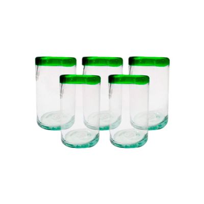 Set Of Six Blown Glass Glasses With Green Rim