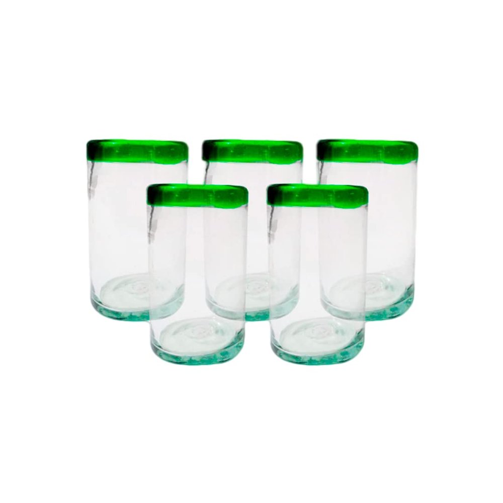 Set Of Six Blown Glass Glasses With Green Rim