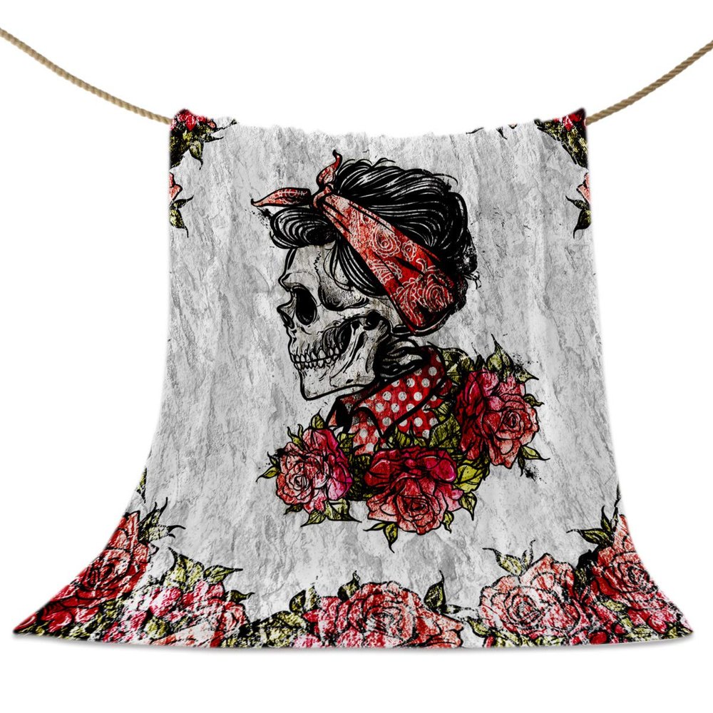 Koupin Life Soft Fuzzy Fleece Throw Blankets Red Flower Mexican Skull Headband Warm Cozy Lightweight Blanket for Sofa Bedroom Bed Couch Decor Retro Floral, 40x50in