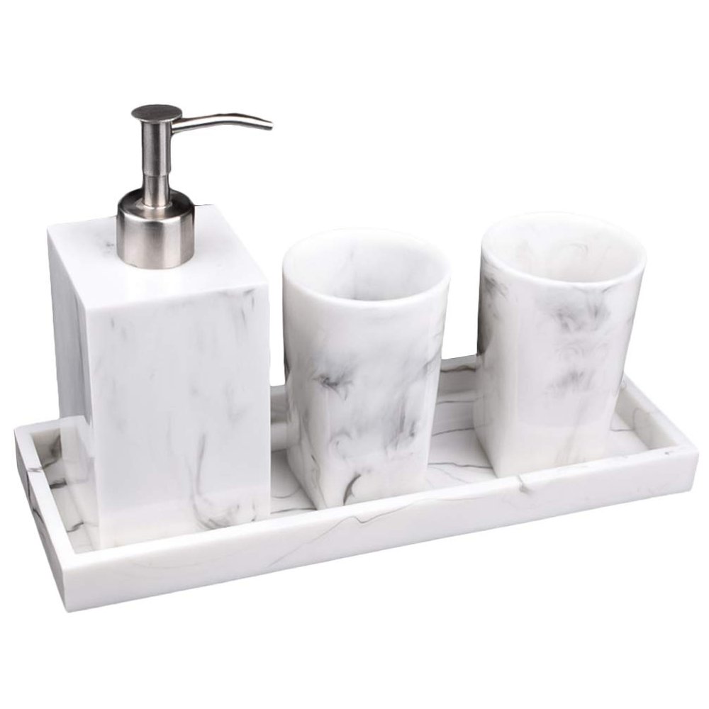 1set Marble Pattern Bathroom Soap Dispenser Organizer Tray with Cups Elegant Wash for Home Hotel Kitchen and Office Use