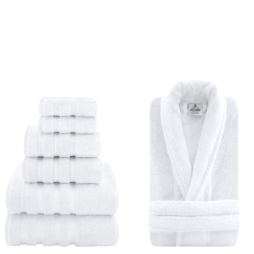 American Soft Linen Large/X Large Unisex Robe and 6-Piece Towel Set Bundle