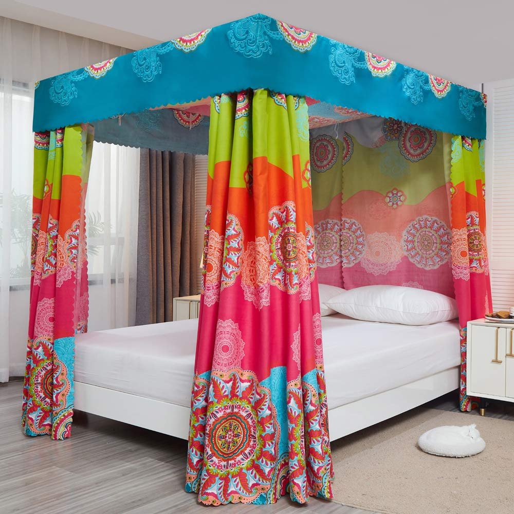 Pangzi Bohemian 4 Corner Post Bed Curtain Canopy Bed Curtain Drapes for Adults Girls (Full, Rose Pink)