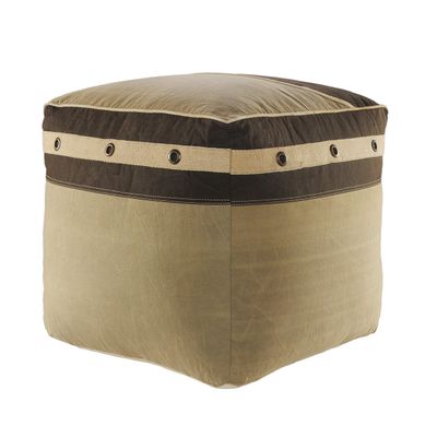 L.R. Resources Inc LR Home Canvas/Brown Bordered Cotton Ottoman Pouf for Home Decor | Hand-Made Industrial Foot Rest for Bedroom & Living Room Decor | 20 x 20 x 20 Stuffed Pouf for Seating