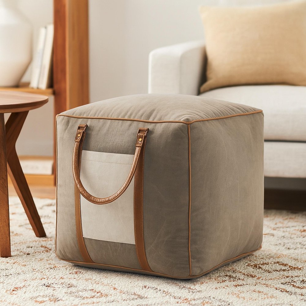 LR Home Gray/Ivory/Brown Color Block Cotton Blend Ottoman Pouf for Home Decor | Hand-Made Farmhouse Foot Rest for Bedroom & Living Room Decor | 20 x 20 x 20 Stuffed Pouf for Seating