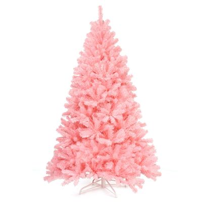 Goplus 6ft Unlit Pink Artificial Christmas Tree, Hinged Spruce Full Tree with Metal Stand, 100% New PVC Material, Xmas Tree for Indoor and Outdoor Decoration