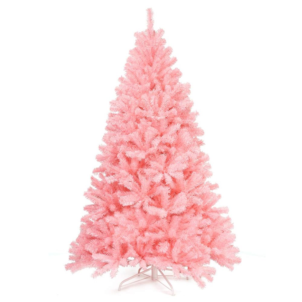 Goplus 6ft Unlit Pink Artificial Christmas Tree, Hinged Spruce Full Tree with Metal Stand, 100% New PVC Material, Xmas Tree for Indoor and Outdoor Decoration