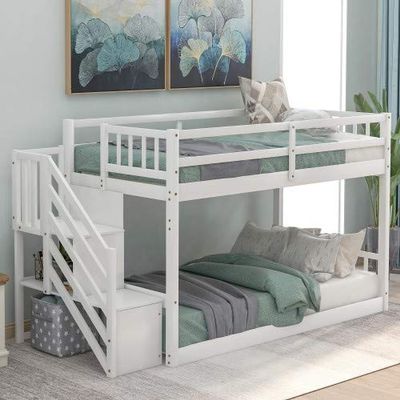 Mera Wood Twin Over Twin Floor bunk Bed with Ladder & Guardrails, Ladder with Storage (White)