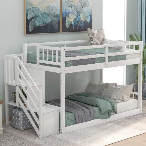 Mera Wood Twin Over Twin Floor bunk Bed with Ladder & Guardrails, Ladder with Storage (White)