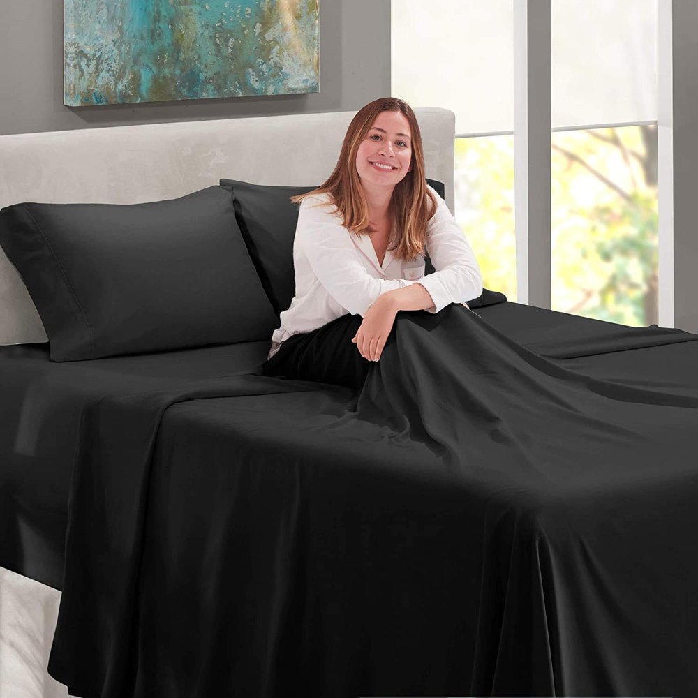 LinenEra 600 TC 100% Egyptian Cotton Sheets & Pillowcases Set - 4 Pc Pure Black Bed Sheet Set Extra Long-Staple Combed Cotton Bedding Twin XL Sheet for Bed, Fits Mattress 16'' Deep Pocket.