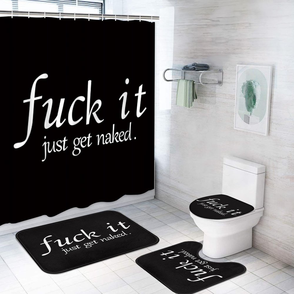 ArtSocket 4PC Funny Get Naked Shower Curtain Sets Bathroom Decor with Rugs, Non-Slip Rug,Toilet Lid Cover, Bath Mat and 12 Hooks 72x72 inches