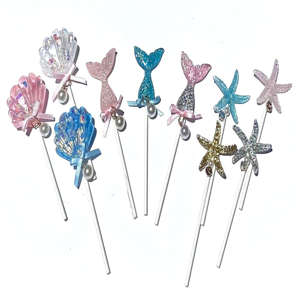 Mermaid, Seashell, and Seastar Resin Cake/Cupcake Toppers With Sparkles And Pearl Bows Decorations For Birthday parties, Pool Parties, Under The Sea Themed parties, Baby Showers, Bridal Showers, And More (Set of 10)