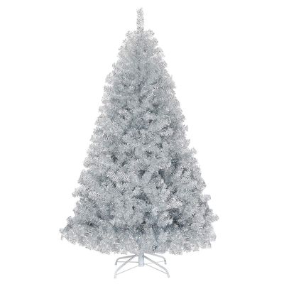 Goplus 6ft Sliver Artificial Christmas Tree, Hinged Full Tree with Electroplated Technology and Metal Stand, for Indoor and Outdoor Holiday Decoration
