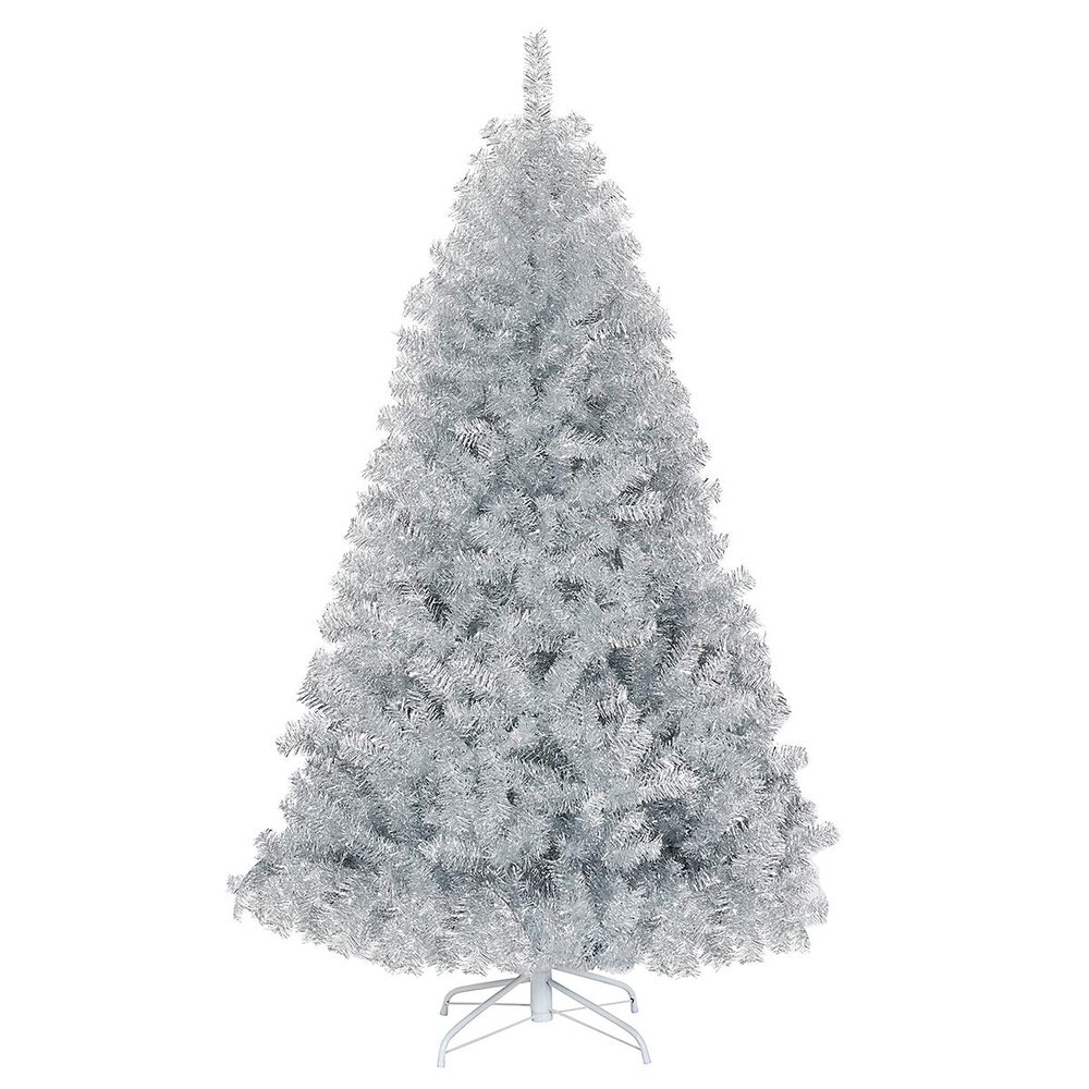 Goplus 6ft Sliver Artificial Christmas Tree, Hinged Full Tree with Electroplated Technology and Metal Stand, for Indoor and Outdoor Holiday Decoration