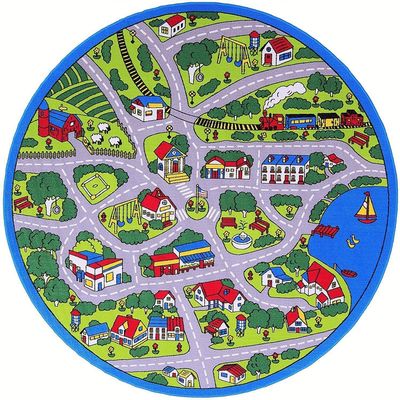 champion rugs Kids Area Rug City Roads Map Train Tracks Cars Play Mat Fun Non-Slip Gel Back Blue Gray Bright Colorful Colors (8 Feet X 8 Feet Round)