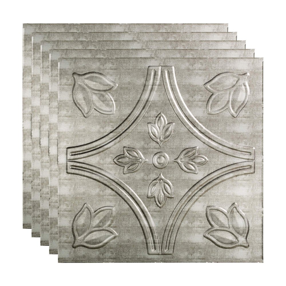 FASDE Traditional Style/Pattern 5 Decorative Vinyl 2ft x 2ft Lay in Ceiling Panel in Crosshatch Silver (5 Pack)