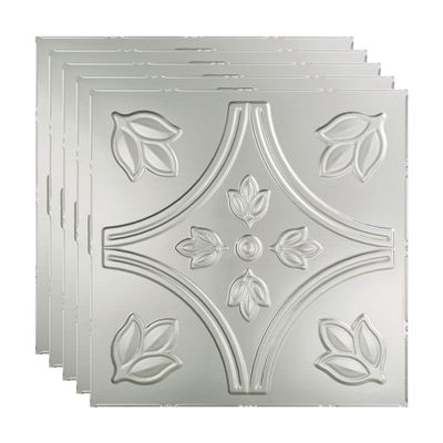 FASDE Traditional Style/Pattern 5 Decorative Vinyl 2ft x 2ft Lay in Ceiling Panel in Brushed Aluminum (5 Pack)