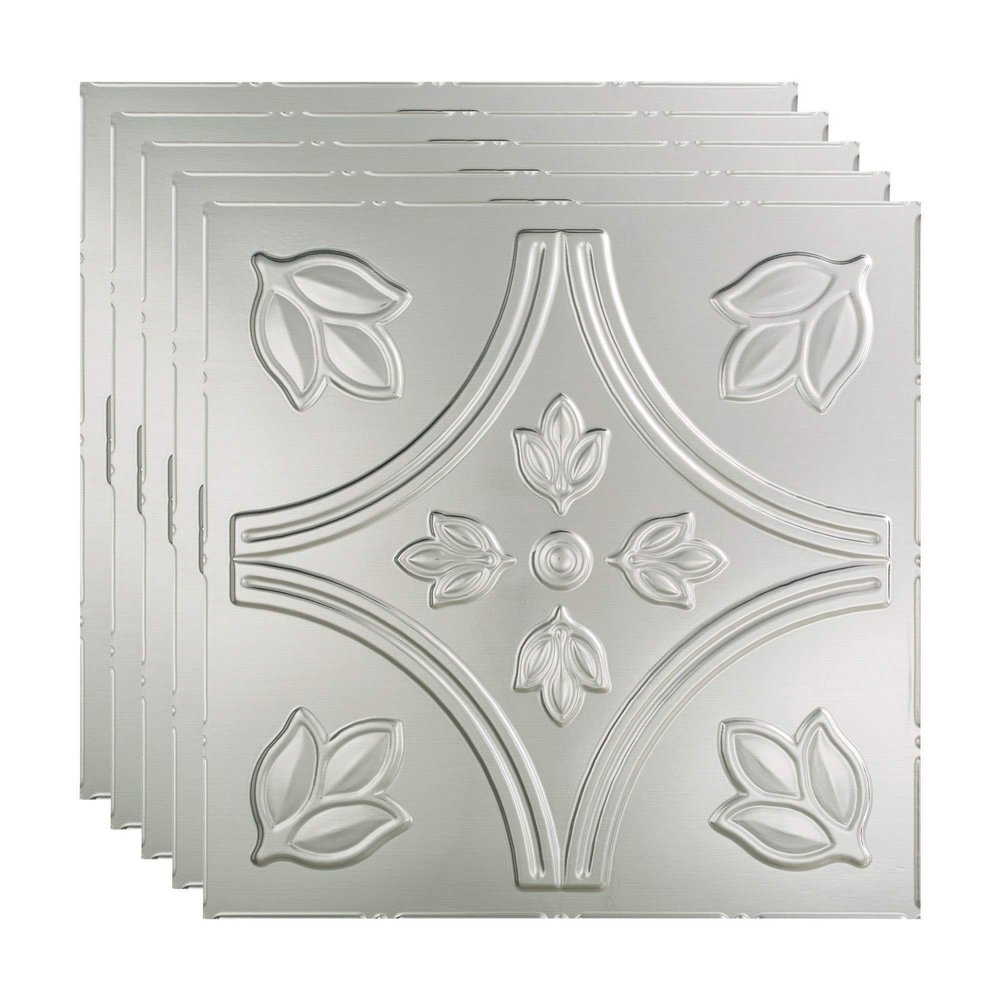 FASDE Traditional Style/Pattern 5 Decorative Vinyl 2ft x 2ft Lay in Ceiling Panel in Brushed Aluminum (5 Pack)