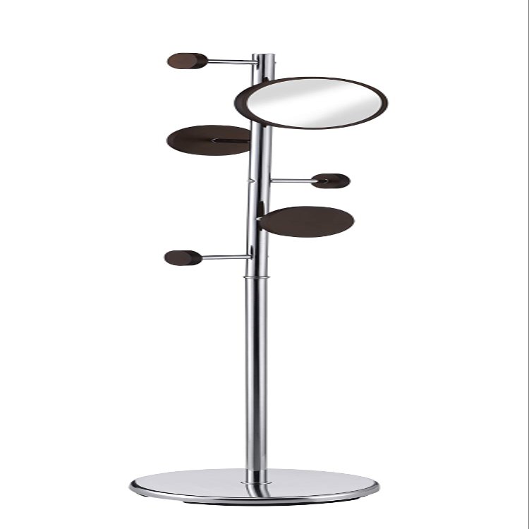 Proman Products Milano Silver Metal Freestanding Coat Rack, Coat Tree with 6 Walnut Color Hooks Included a 7" Mirror for Living Room, Bedroom, Entryway, Office, mudroom