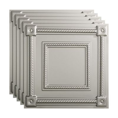 FASDE Coffer Decorative Vinyl 2ft x 2ft Lay in Ceiling Panel in Argent Silver (5 Pack)