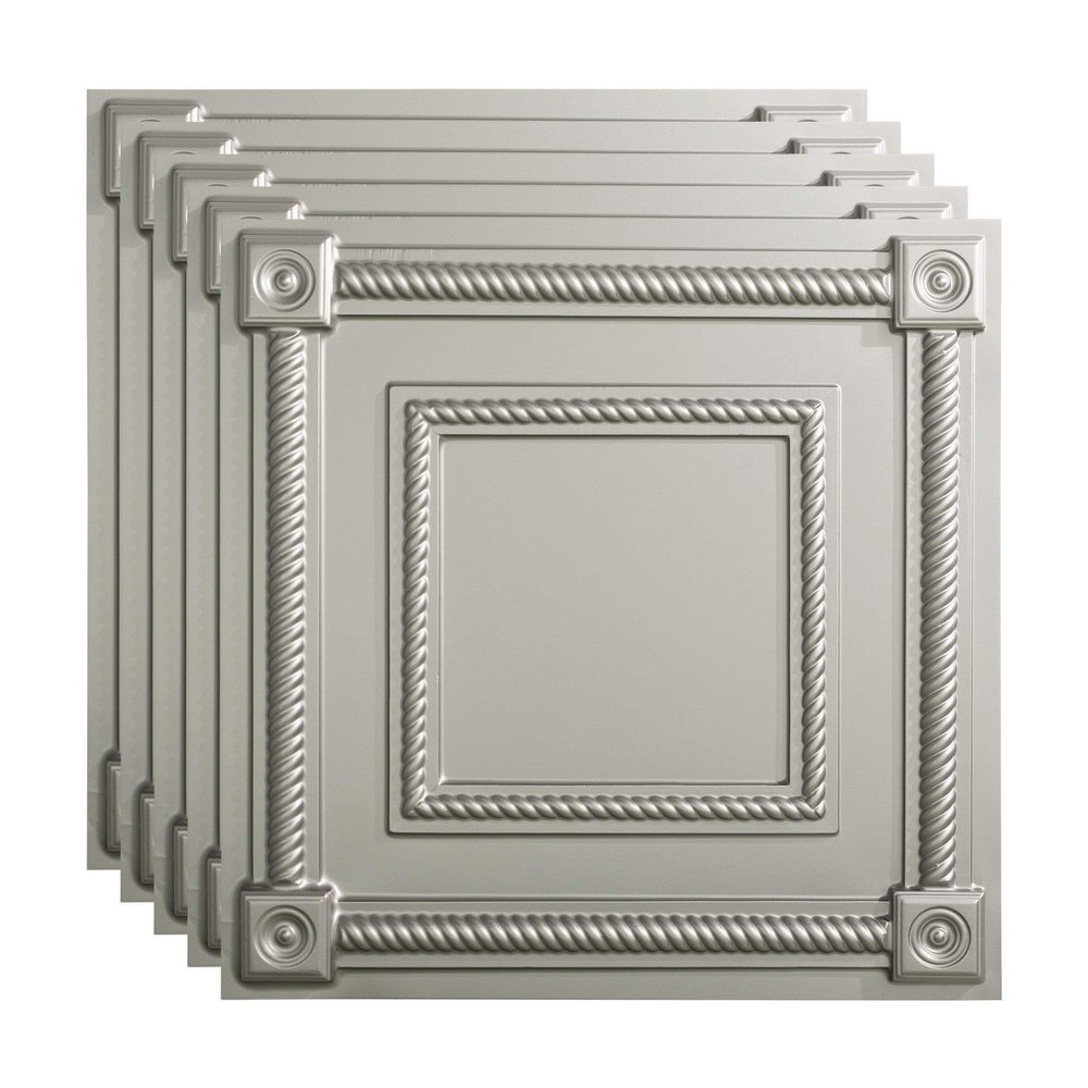 FASDE Coffer Decorative Vinyl 2ft x 2ft Lay in Ceiling Panel in Argent Silver (5 Pack)