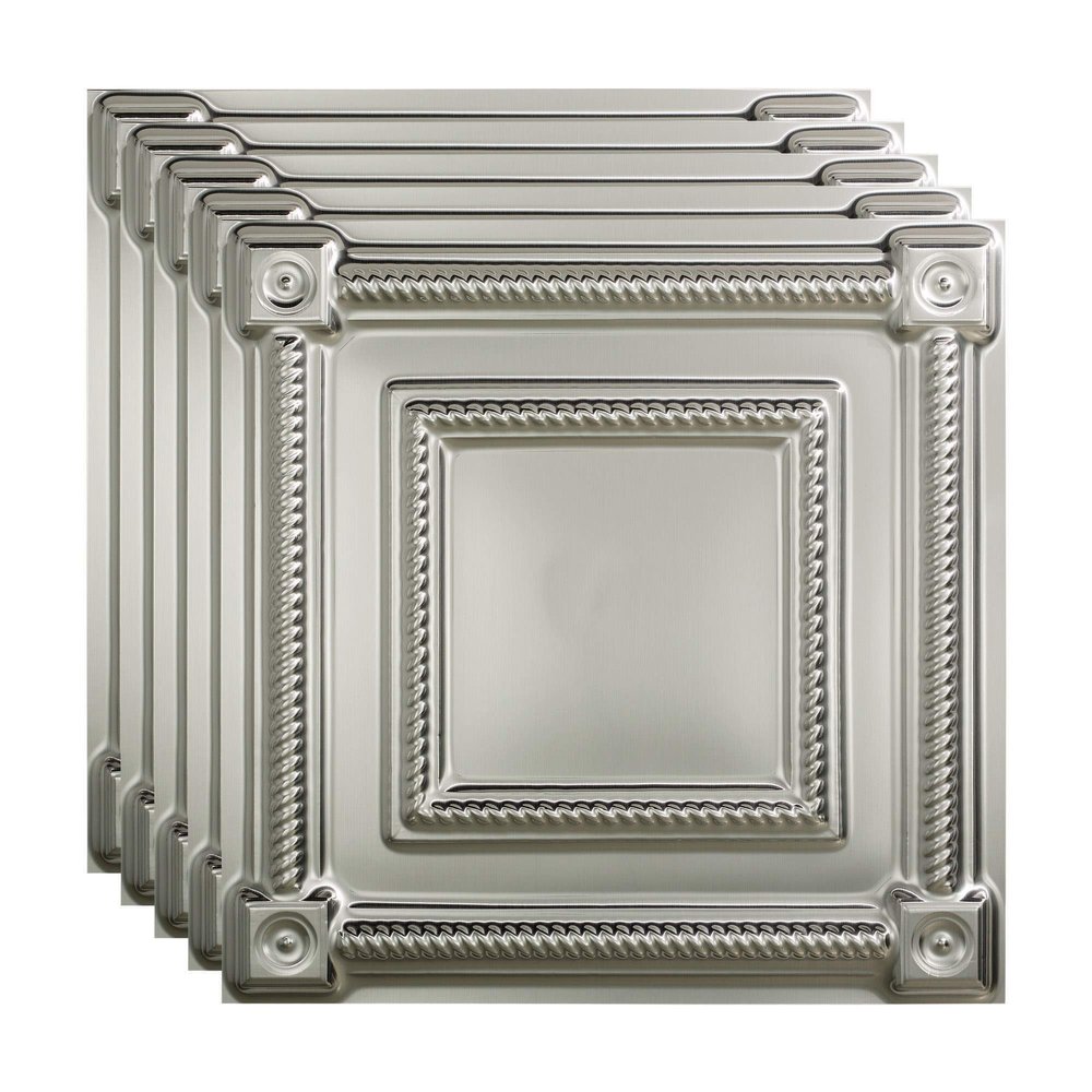 FASDE Coffer Decorative Vinyl 2ft x 2ft Lay in Ceiling Panel in Brushed Aluminum (5 Pack)