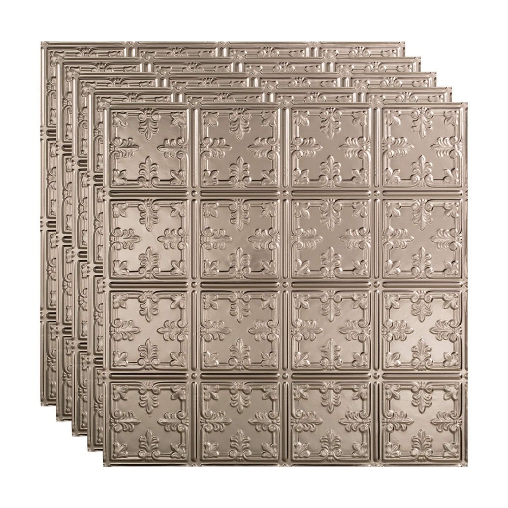 FASDE Traditional Style/Pattern 10 Decorative Vinyl 2ft x 2ft Lay in Ceiling Panel in Brushed Nickel (5 Pack)