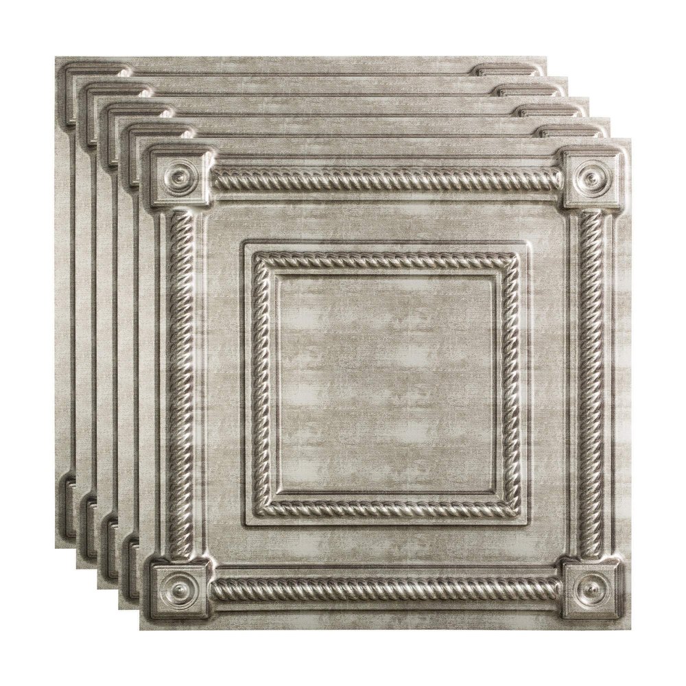 FASDE Coffer Decorative Vinyl 2ft x 2ft Lay in Ceiling Panel in Crosshatch Silver (5 Pack)