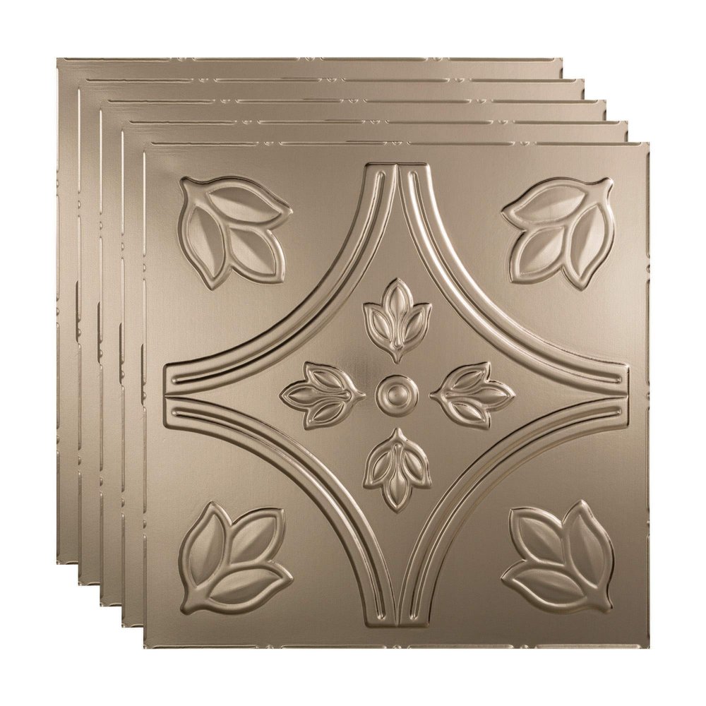 FASDE Traditional Style/Pattern 5 Decorative Vinyl 2ft x 2ft Lay in Ceiling Panel in Brushed Nickel (5 Pack)