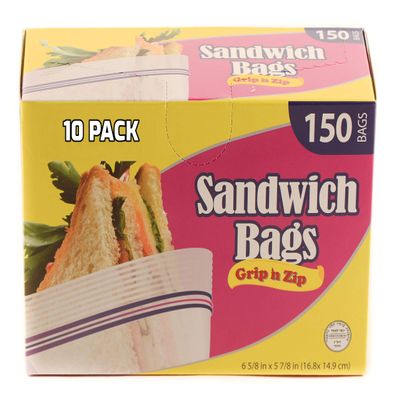 [10 Pack] Disposable Plastic Resealable Sandwich Bags - Food Storage Kosher Grip N Zip Bags - Great for Snacks, Food Prep, Travel, Meal Prep, School, Home, Office (150 Per Box)