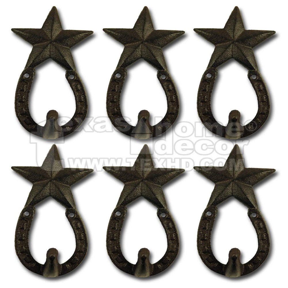 Decor for The Soul 6 Horseshoe Star Cast Iron Key Hooks Coat Rack Towel Hanger Rustic Western 6"